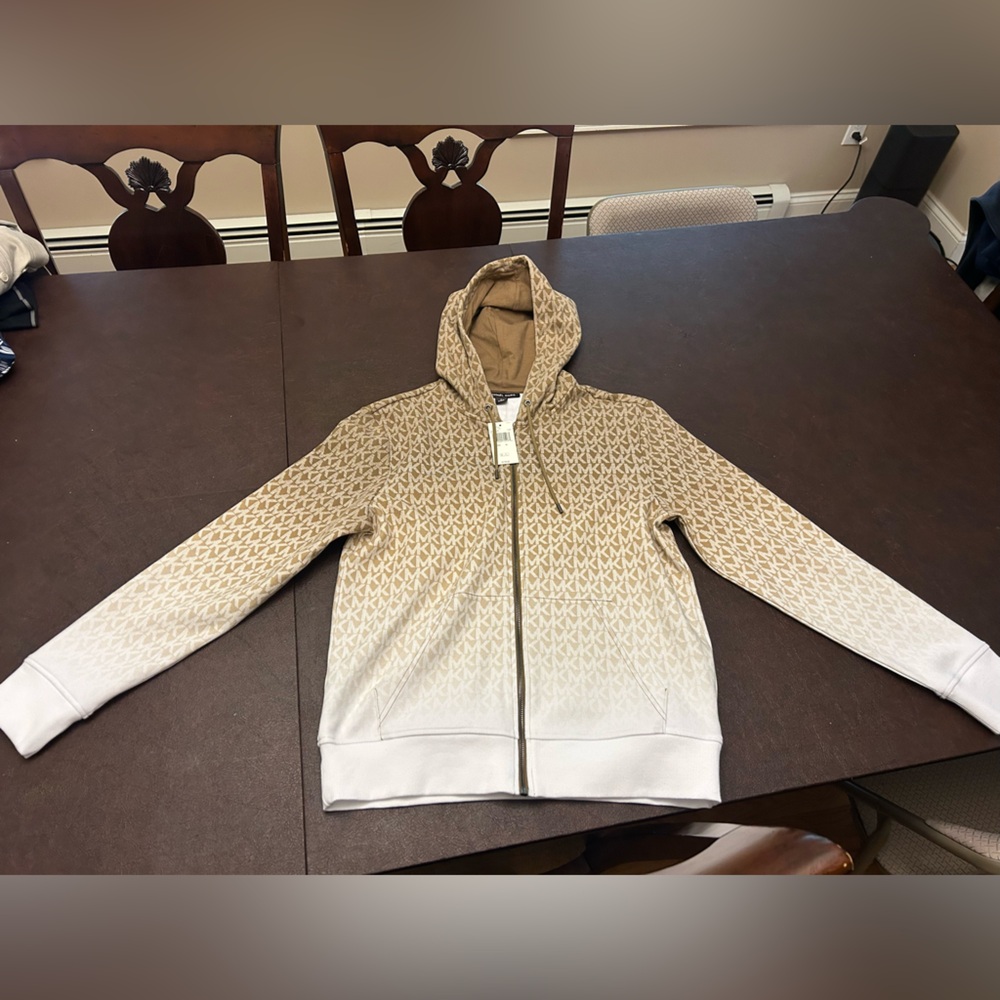 Michael Kors Tan and White patterned zipper up sweat jacket ! NWT